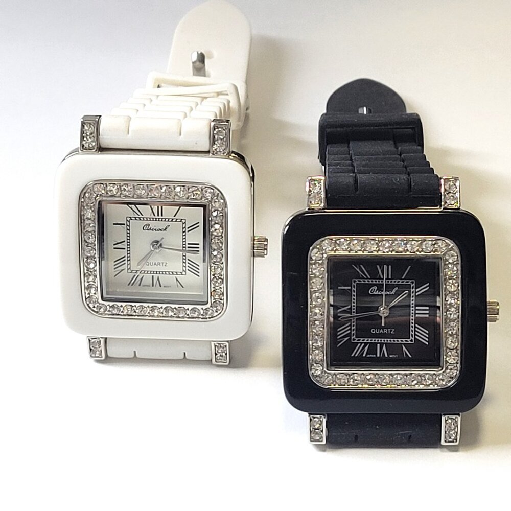 OSIROCK Black Quartz Wrist Watch Rhinestone Square Adjustable Silicone Band